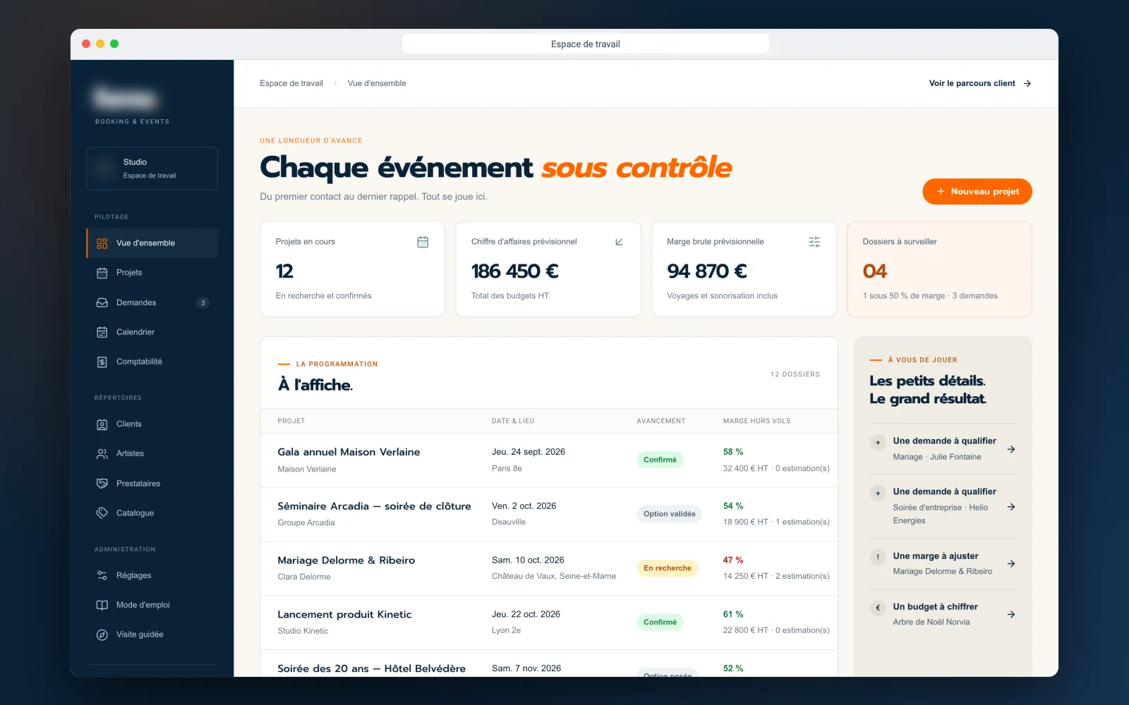 Tableau de bord de l’extranet : indicateurs clés, programmation des événements et actions à mener