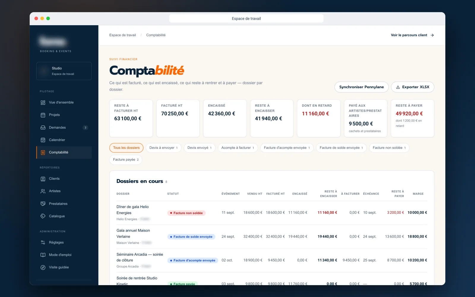 Suivi comptable : indicateurs financiers et dossiers en cours