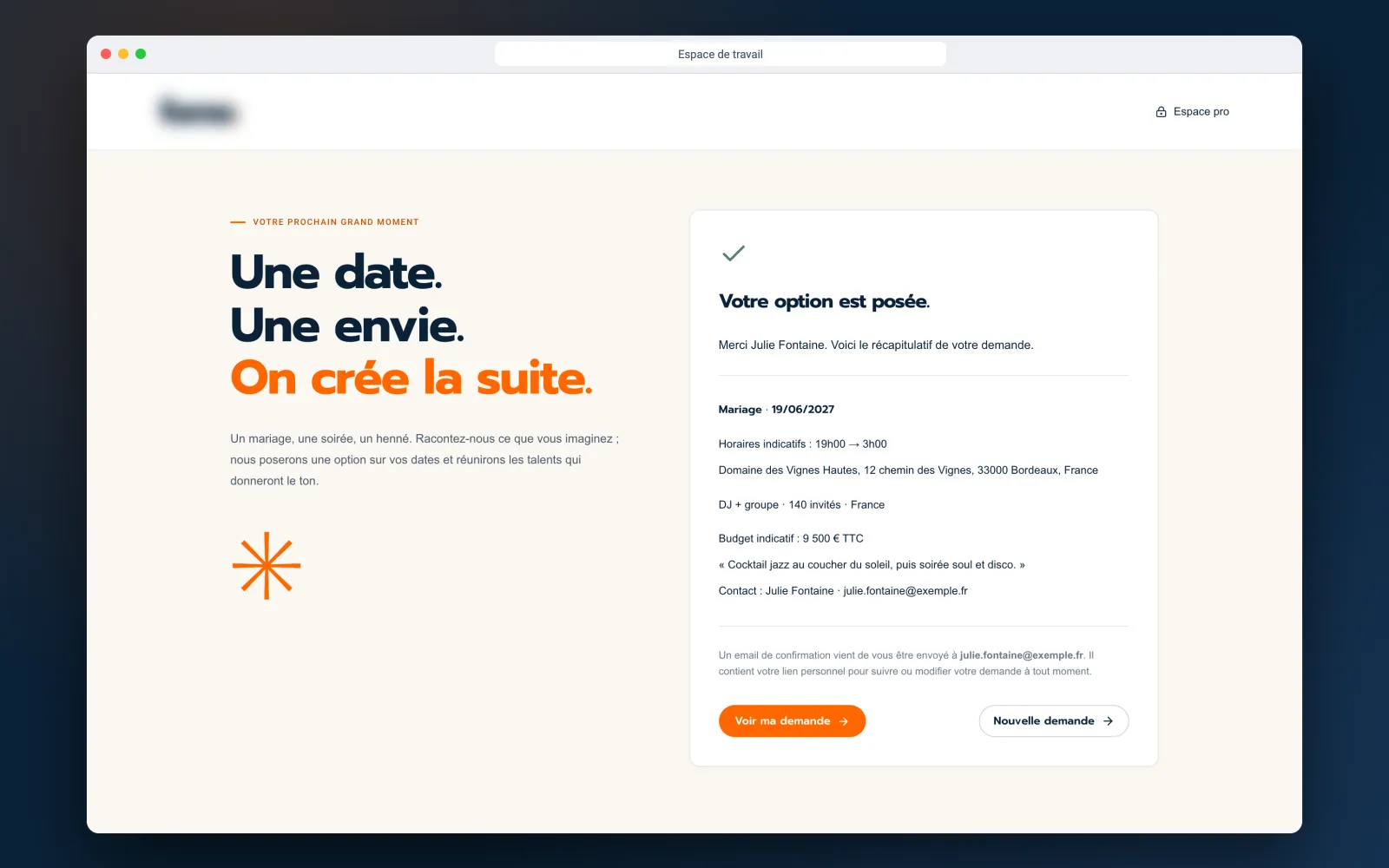 Formulaire public de demande : confirmation de l’option posée