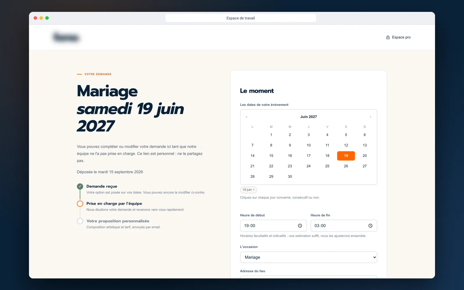 Page de suivi de la demande avec les étapes et le calendrier des dates