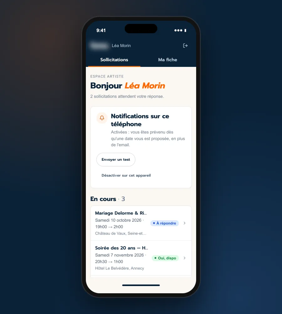 Espace artiste sur mobile : sollicitations en cours et notifications